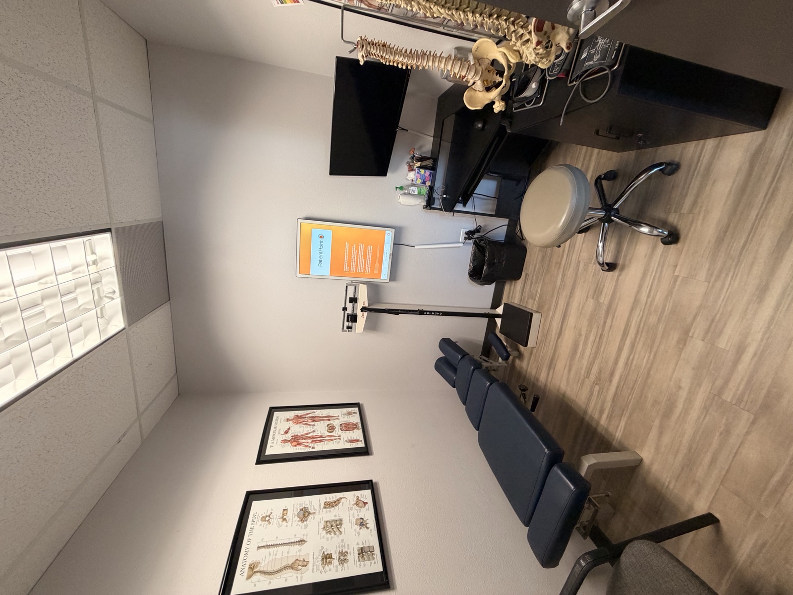 Care room with spinal model and posture charts